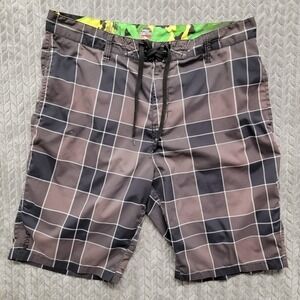 Oakley Board Shorts Mens Size‎ 38 Gray Black Plaid Swim Trunks Amphibian